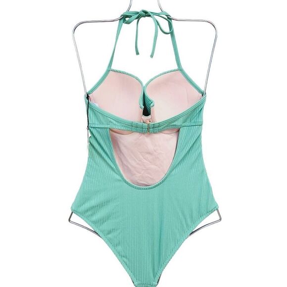 Shade & Shore Womens One Piece Swimsuit Green Cut Out Sweetheart Neck 34C - Picture 2 of 9